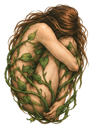 A figure curled inward, the start of the healing journey