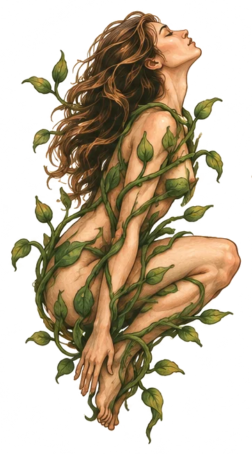 The figure beginning to unfurl, vines and leaves growing