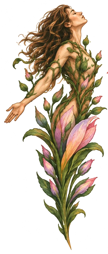 The figure reaching upward as the growth blooms