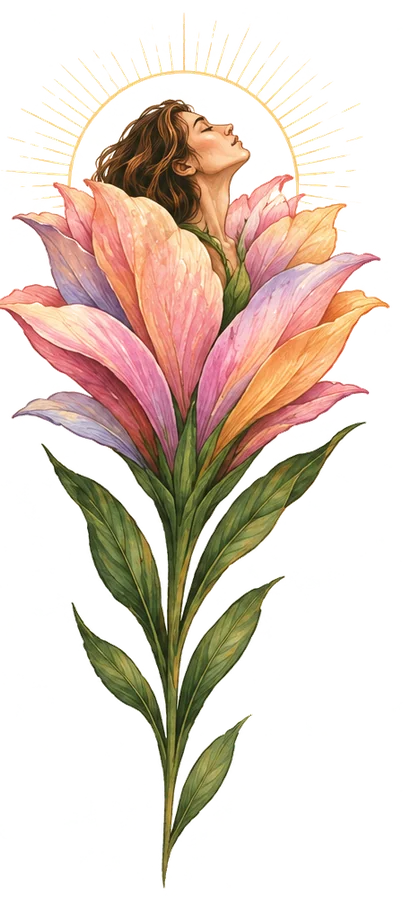 The figure in full bloom, radiant as a flower